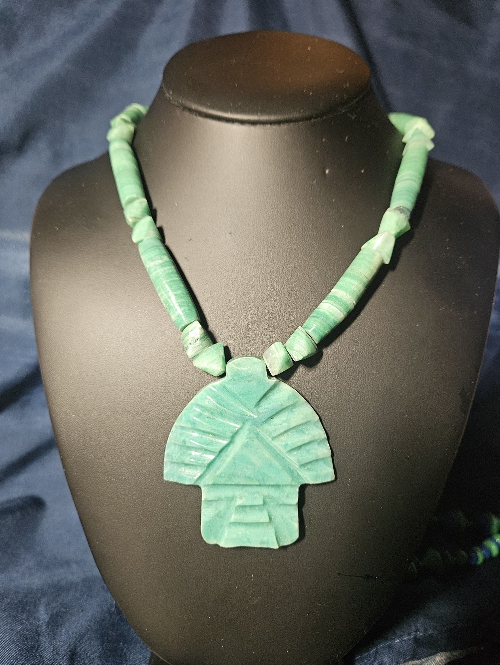 Hand-Carved Turquoise Aqua Green Stone Pendant Necklace
